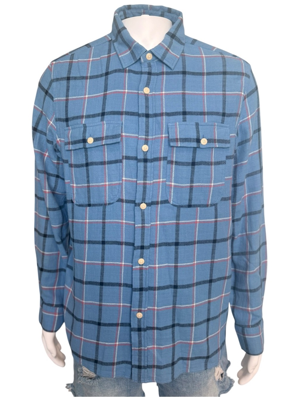 ZARA Blue Plaid Button-Down Shirt with Subtle Red Stripes